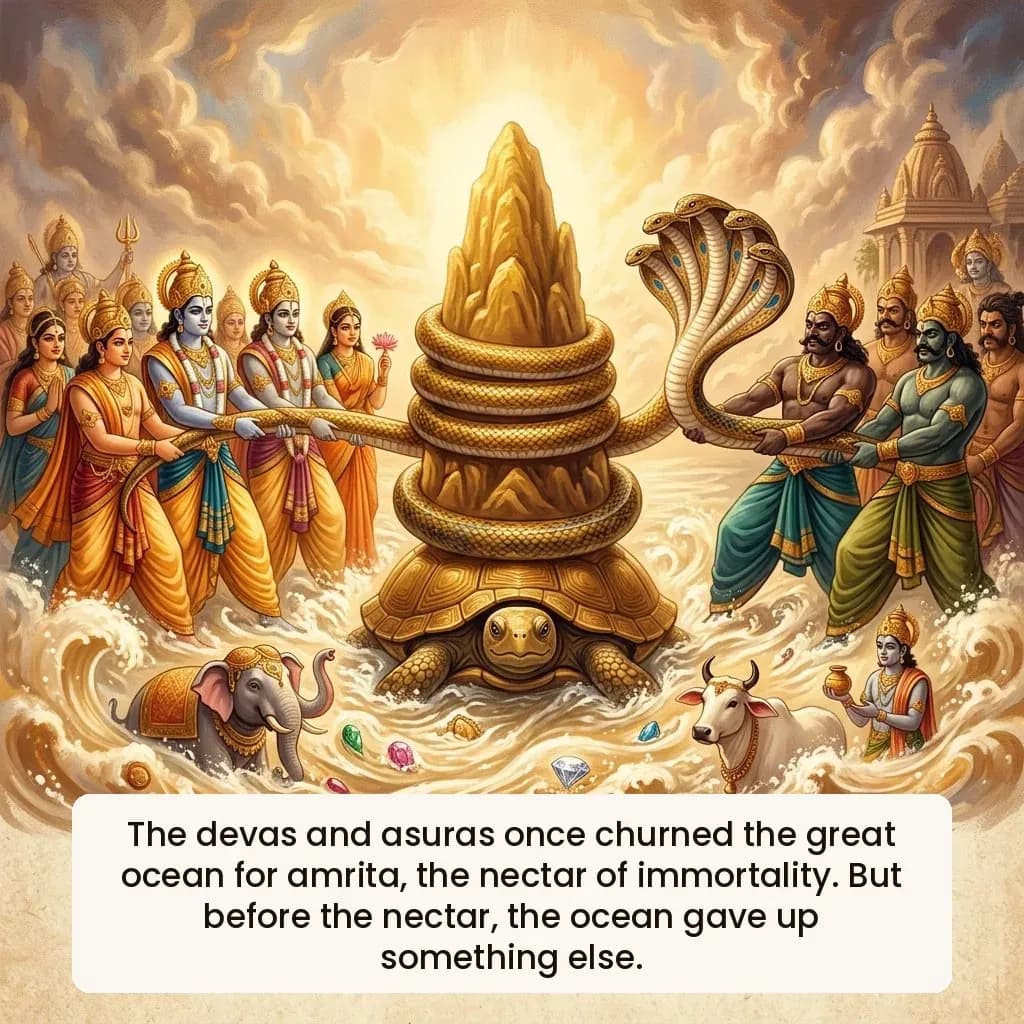 The churning of the milky ocean, devas and asuras pulling the serpent Vasuki wrapped around Mount Mandara