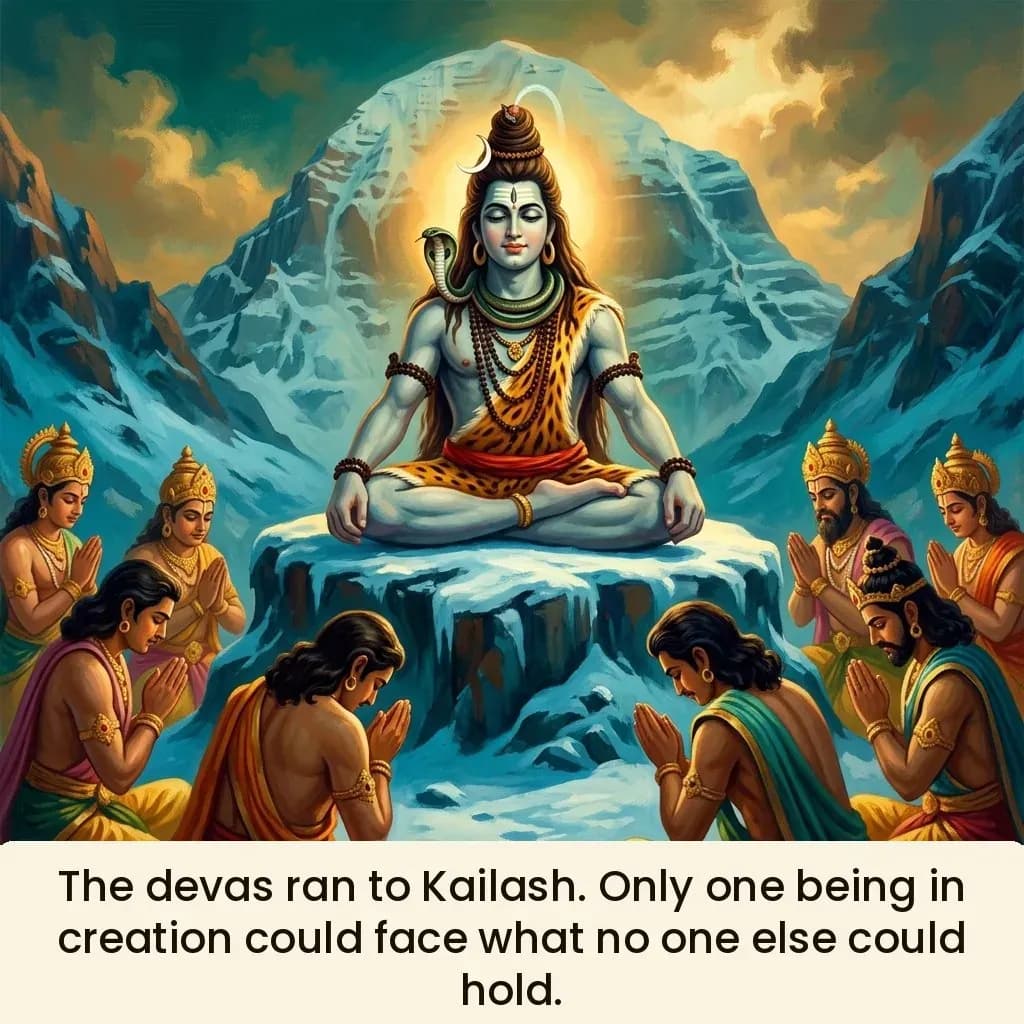 Devas with folded hands gathered before Shiva on Kailash