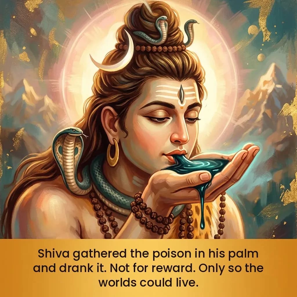Shiva serenely drinking the dark poison from his cupped palm