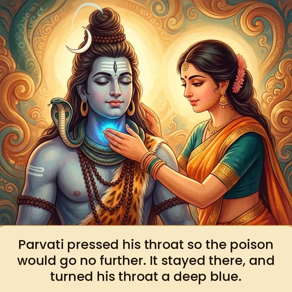 Parvati touching Shiva's throat, a deep blue radiance glowing where her hand rests